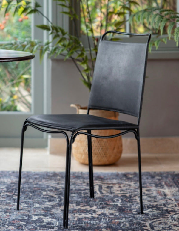 Metal Frame Black Leather Dining Chair