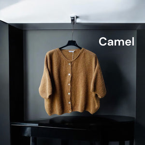 Camel soft mohair mix cardigan on a hanger