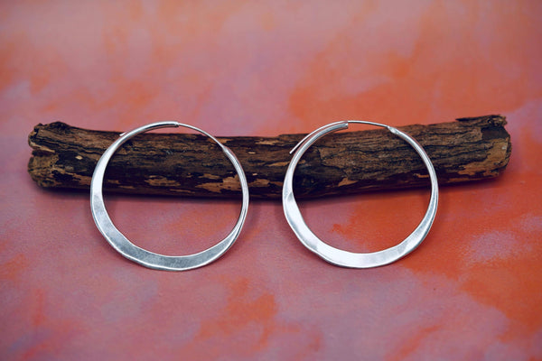 Hammered Flat Silver Hoop Earrings, Bohemian Hoops, Ethnic Jewellery, Everyday Silver Earrings: 3