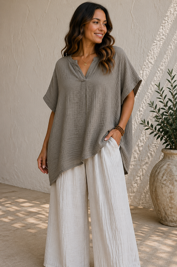 Crinkle Cotton V-Neck Relaxed Oversized Top: Taupe