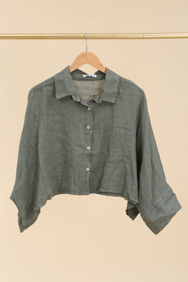 Linen crop shirt 83263 100% linen: KAKI
