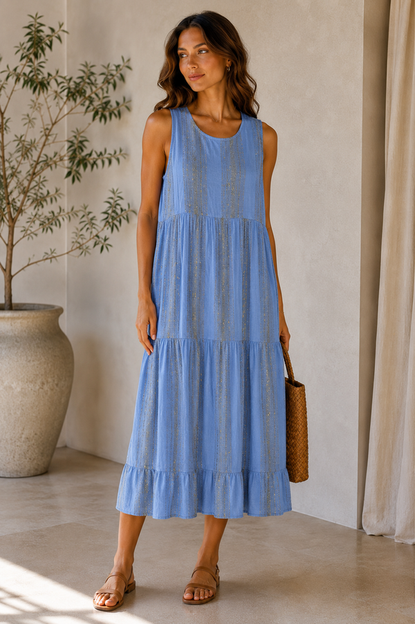 Linen Cotton Sleeveless Tiered Maxi Dress: Blue