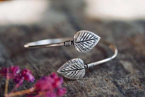 Silver Leaf Bangle Bracelet | Silver Plated Cuff | Botanical Jewellery | Nature Inspired Bracelet | Boho Statement Jewellery