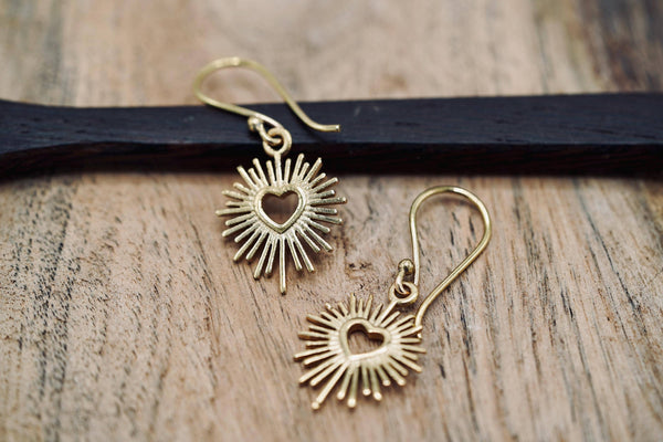 Brass Sacred Heart Earrings, Small Mexican Milagro Inspired Earrings, Sunburst Heart Dangles, Boho Gold Earrings