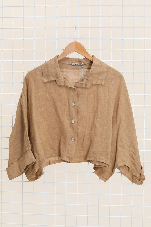 Linen crop shirt 83263 100% linen: Camel