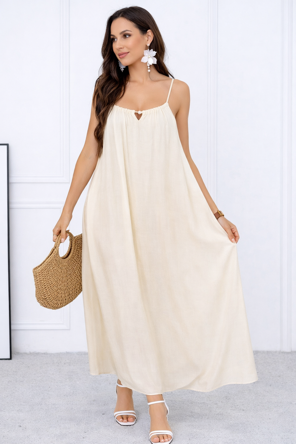 Flowy Linen Blend Strappy Maxi Dress with Gathered Neckline: Beige