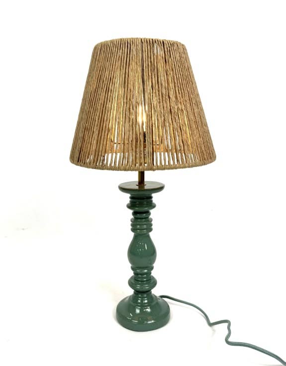 Pale Green Table Lamp W/ Natural Ribbed Rope Shade