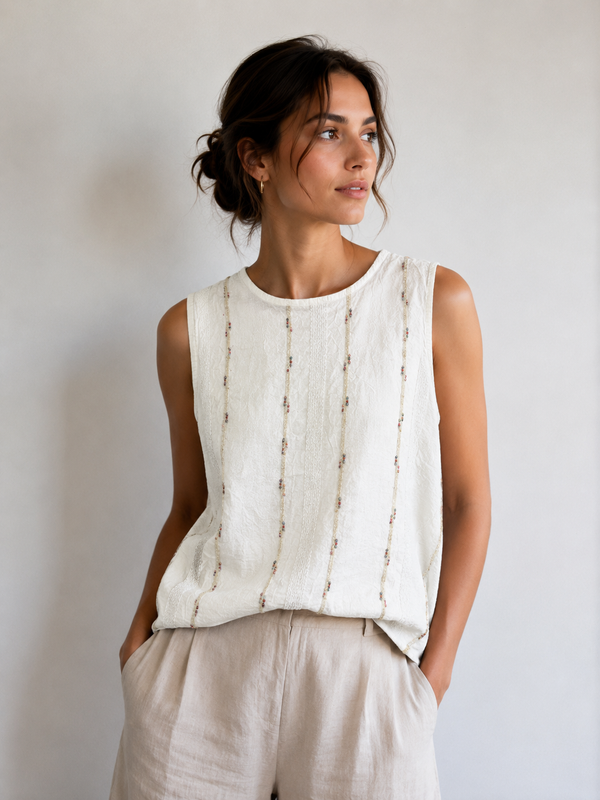 Embellished Linen Blend Sleeveless Vest Top: White