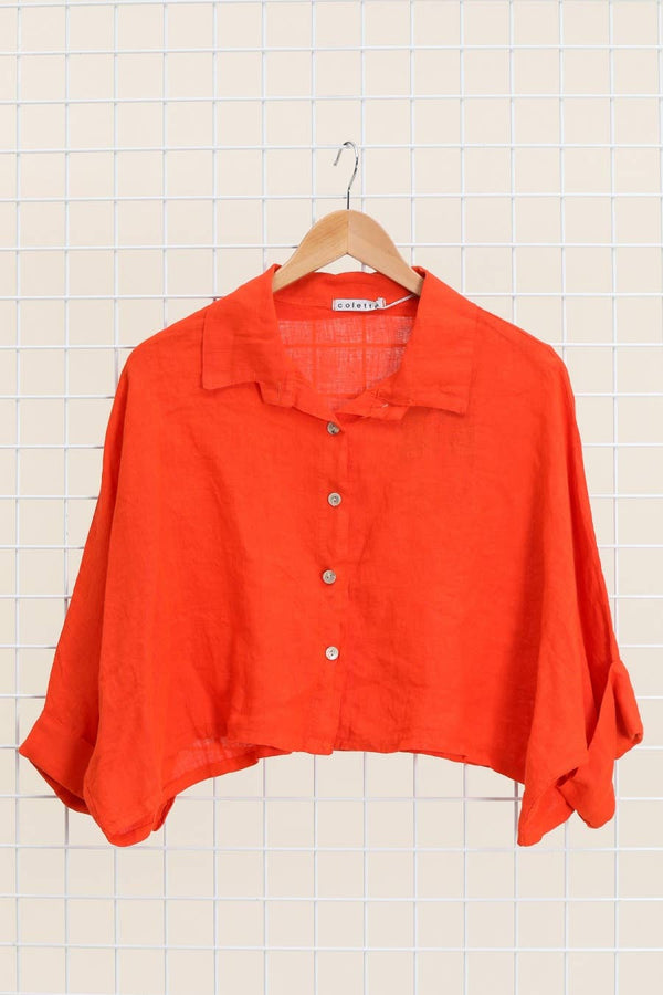 Linen crop shirt 83263 100% linen: Orange