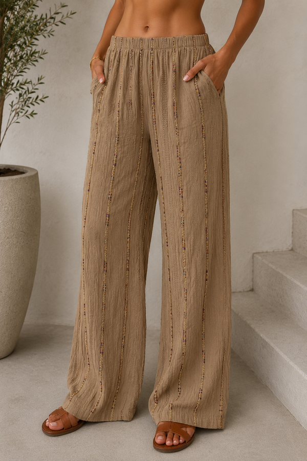 Embellished Linen Blend Wide Leg Pants: Brown