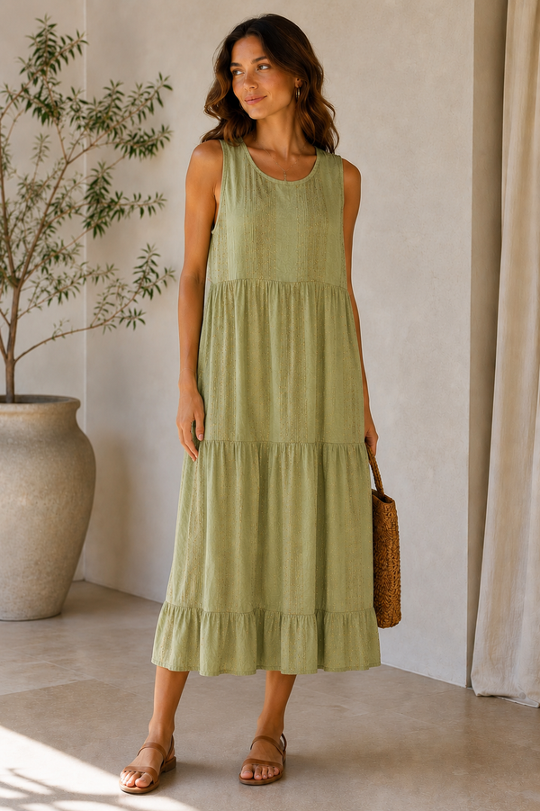Linen Cotton Sleeveless Tiered Maxi Dress: Green