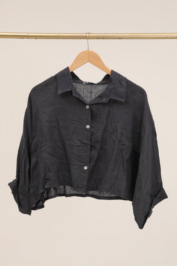 Linen crop shirt 83263 100% linen: Anthracite grey