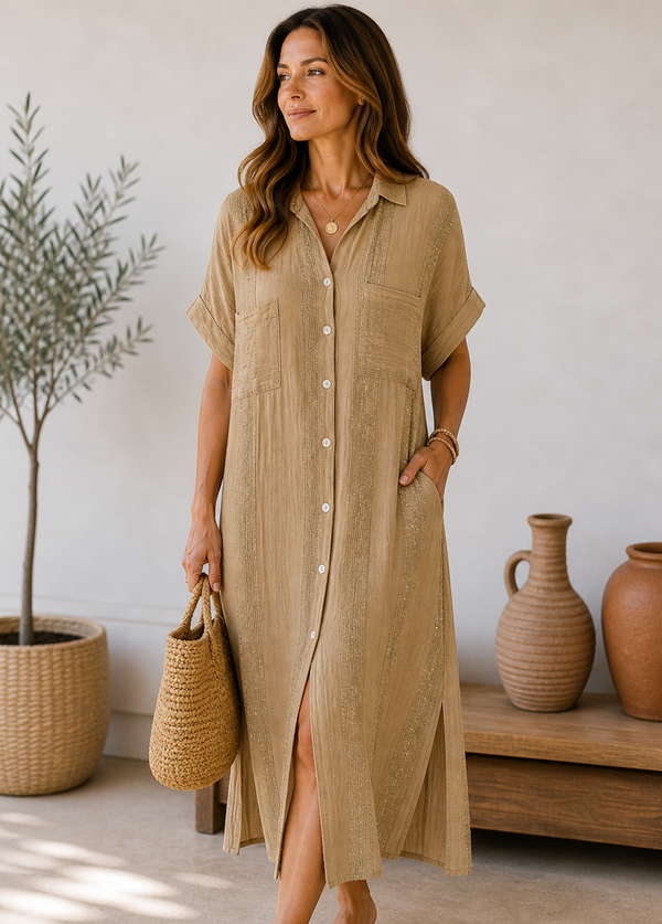 Lurex Threaded Striped Shirt Dress: Brown