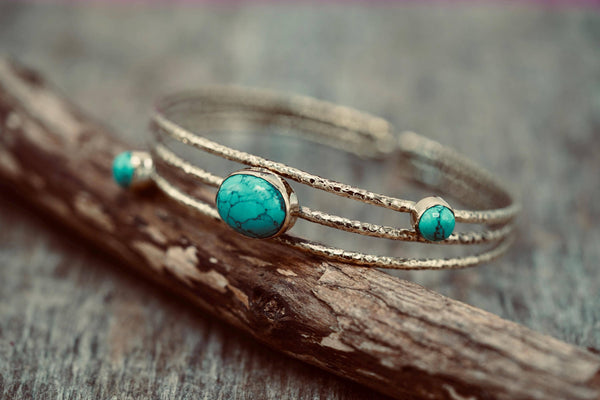 Hammered Brass Bracelet with Turquoise, Boho Bangle,