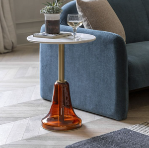 Bilbao Side Table.  A marble top with gold stem and green base with vase and glass of wine atop