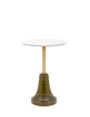 Bilbao Side Table.  A marble top with gold stem and green  glass base.  Against a white background