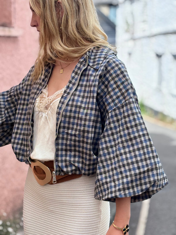 Blue Check Jacket with Balloon Sleeve