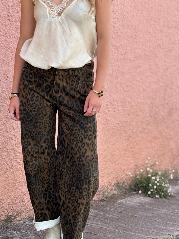 Leopard Print Barrel Jeans