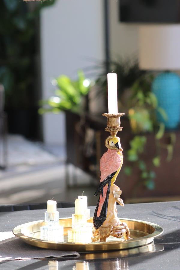 Wooden Parrot Colourful Candlestick Holder on a gold tray next to short glass candlestick holders