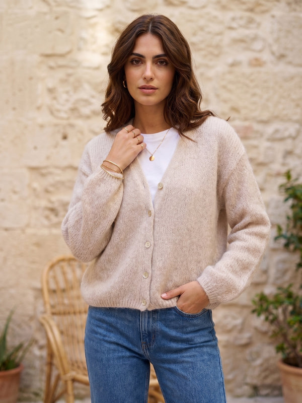 Cream Mohair Blend Knitted Cardigan