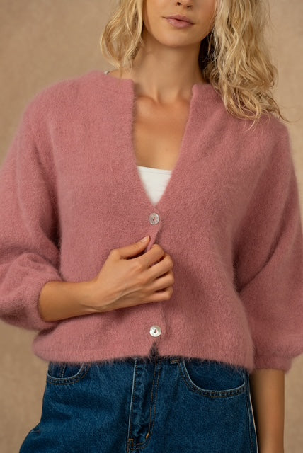 Angora Wool Blend Cardigan with 3/4 Length Sleeve