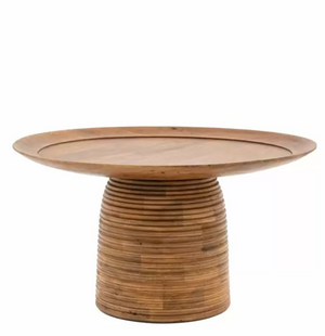 Mango wooden table with distinctive 'Beehive' design base with a wide overhanging tray top in metal.  White background