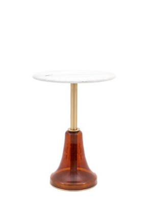 Bilbao Side Table.  A marble top with gold stem and orange glass base.  Against a white background