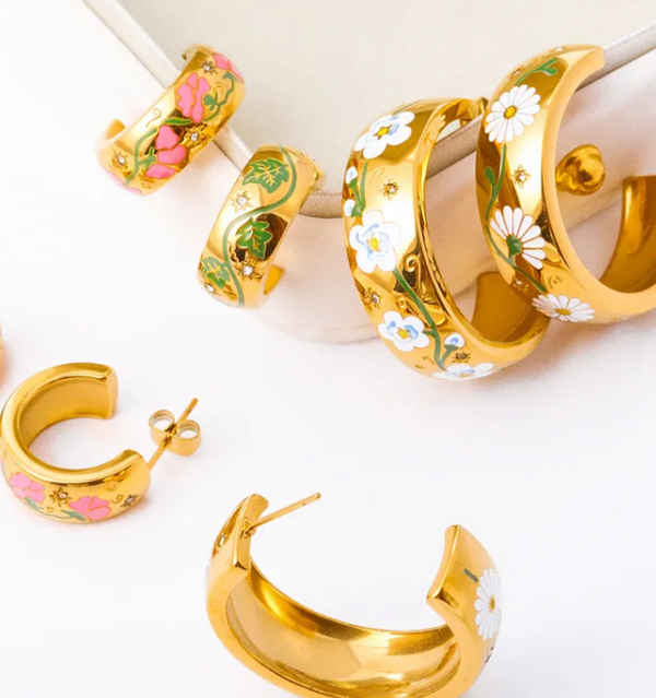 Gold Floral Enamel Hoop Earrings