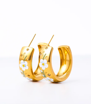 Gold Floral Enamel Hoop Earrings