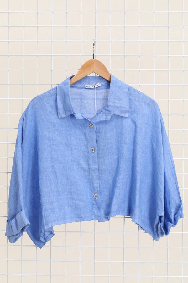 Linen crop shirt 83263 100% linen: Azurro blue