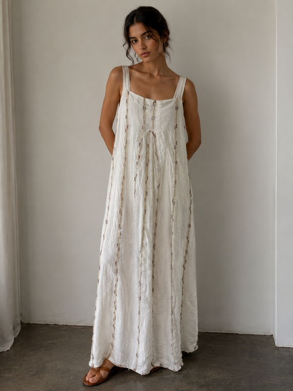 Embellished Linen Blend Strap Shoulder Dress: White