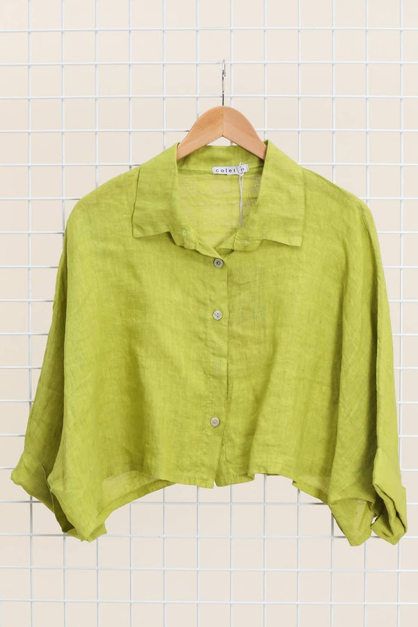 Linen crop shirt 83263 100% linen: Vert anis