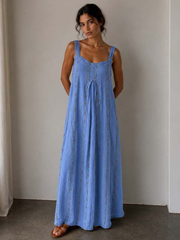 Embellished Linen Blend Strap Shoulder Dress: Blue