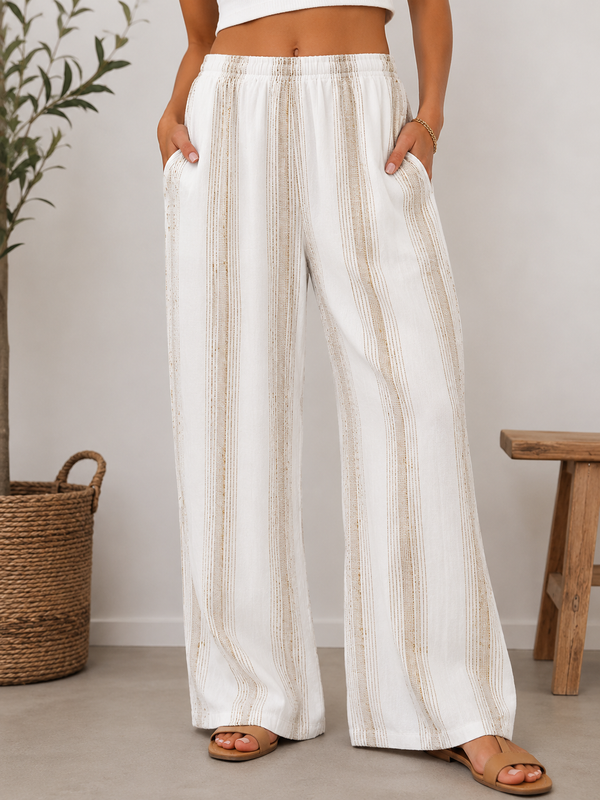 Gold Thread Stripe Linen Blend Wide Leg Trousers: White