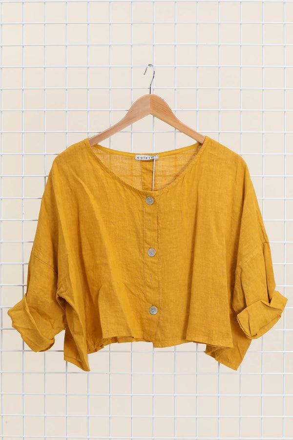 3/4 sleeve linen jacket 906 100% linen: Mustard
