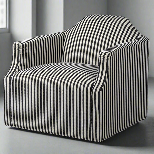 Candy black and white Striped Swivel Chair placed by a window in a white room