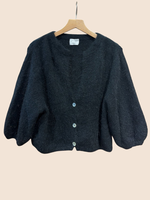 Charcoal Angora Wool Blend Cardigan with 3/4 Length Sleeve
