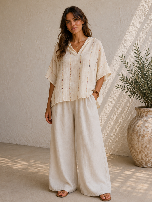Embellished Linen Blend Oversized Top: Beige