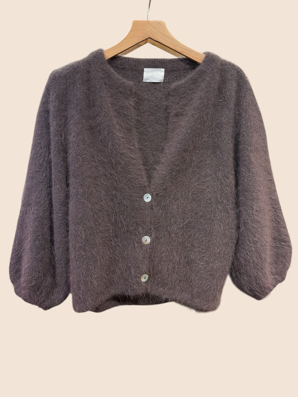 Chocolate Brown Angora Wool Blend Cardigan with 3/4 Length Sleeve