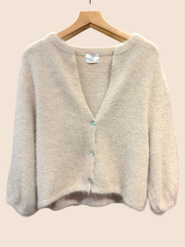 Cream Angora Wool Blend Cardigan with 3/4 Length Sleeve