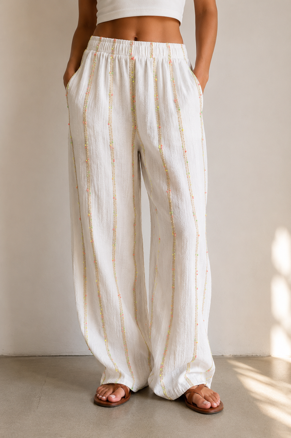 Embellished Neon Stripe Linen Blend Wide Leg Trousers: White