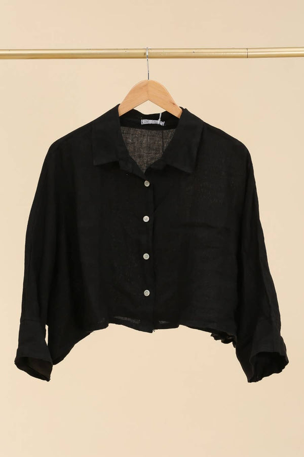 Linen crop shirt 83263 100% linen: Black
