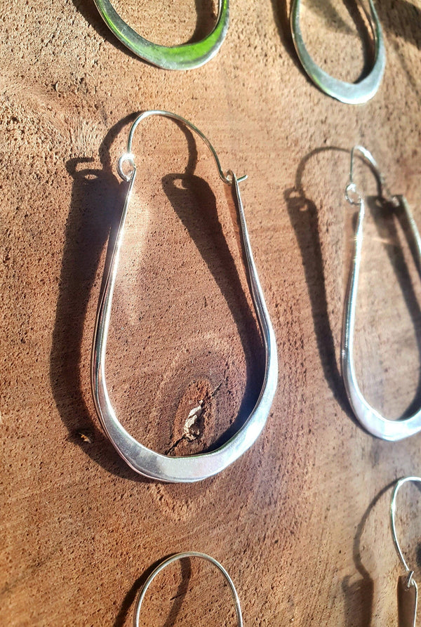 Boho Long Drop Silver Hoop Earrings / Flat Hoops / Classic: 3.5cm