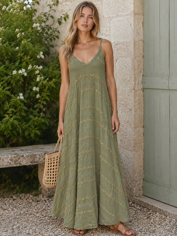 Neon Gold Stripe Linen Blend Maxi Dress: Green