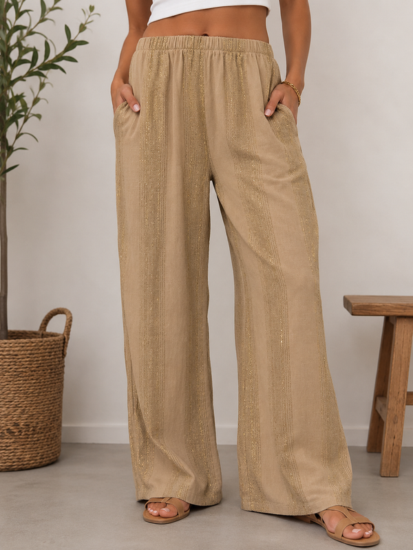 Gold Thread Stripe Linen Blend Wide Leg Trousers: Brown