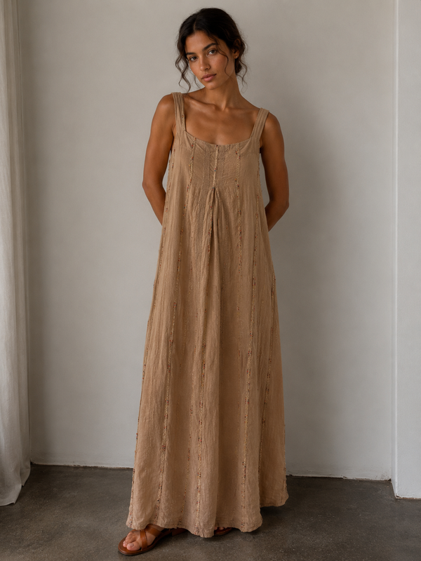Embellished Linen Blend Strap Shoulder Dress: Brown