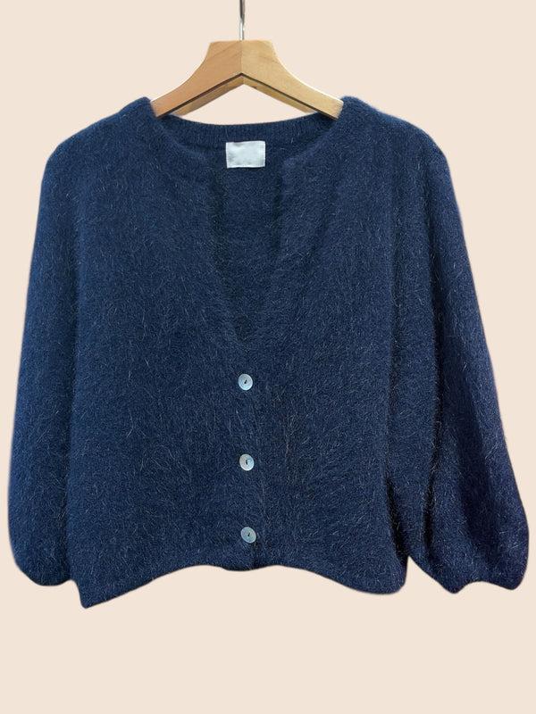 Navy Angora Wool Blend Cardigan with 3/4 Length Sleeve