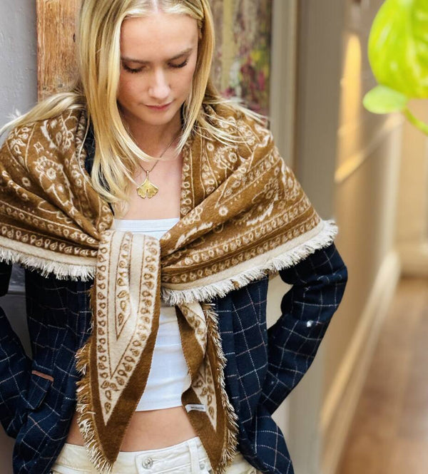 Frayed Edge Triangle Scarf In Camel And Stone