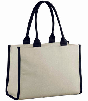 tote bag with black handle and edges and cream/natural body against white background