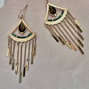 Tiger's Eye Fan Earrings a jewel in the middle of a drop earring with gold chains falling from it